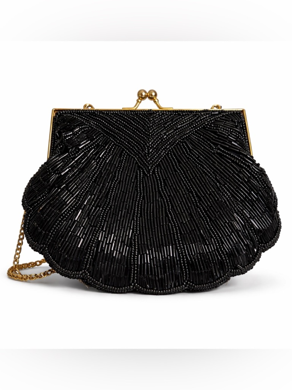 La Regale Black Beaded Art Deco Clutch Kiss Lock Chain Evening Bag Purse